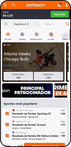 Visão geral da Betsson com apostas ao vivo, futebol, NBA e apostas populares em destaque