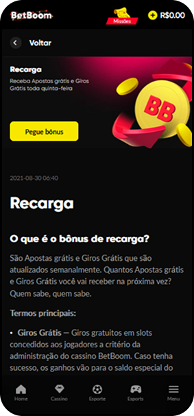 Bônus de recarga semanal na BetBoom com apostas grátis e giros grátis em slots
