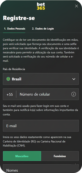Registro na bet365 com campos para país de residência Brasil, número de celular, email e gênero