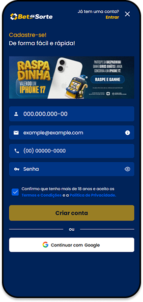 Cadastro rápido na Bet dá Sorte com espaço para digitar o CPF, o e-mail, telefone e senha