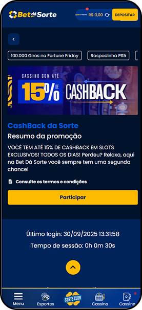 Cashback da Sorte de até 15% em slots exclusivos todos os dias na Bet dá Sorte