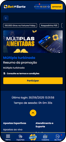 Promoção Múltiplas Aumentadas na Bet dá Sorte com turbinação em apostas combinadas