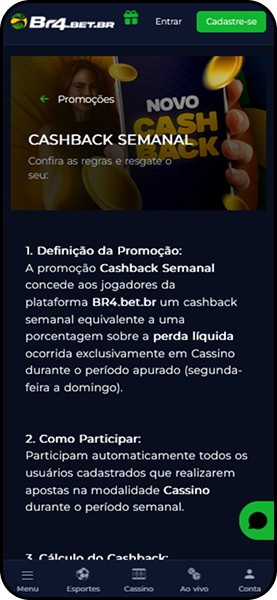 Promoção de cashback semanal na Br4bet com reembolso sobre perdas líquidas em cassino