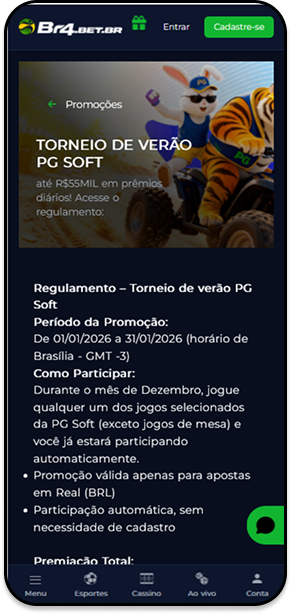 Torneio de verão PG Soft na Br4bet com até R$55 mil em prêmios diários em dezembro