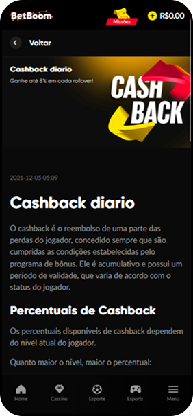 Cashback diário na BetBoom com reembolso de até 8% em perdas do jogador