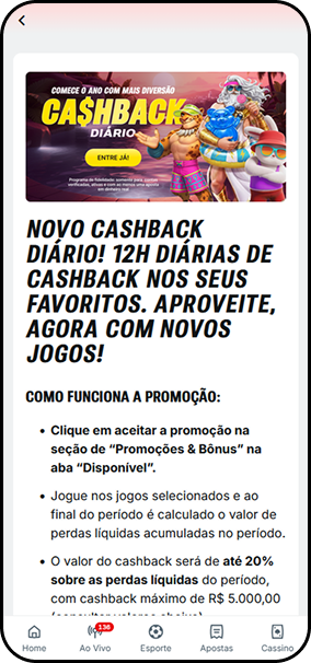 Cashback diário na Superbet com 12h de reembolso de até 20% sobre perdas líquidas em jogos selecionados