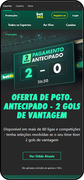 Oferta de pagamento antecipado Bet365 com 2 gols de vantagem em mais de 80 ligas