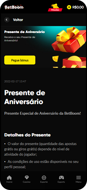 Presente de aniversário na BetBoom com apostas grátis ou giros grátis conforme nível do jogador