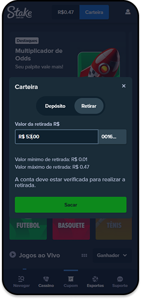 A área de saque da casa de apostas Stake com valor mínimo de retirada de R$0,01