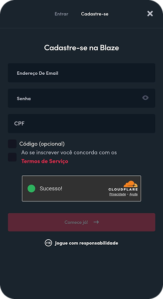 Área de cadastro da Blaze com os campos para a digitação do e-mail e código