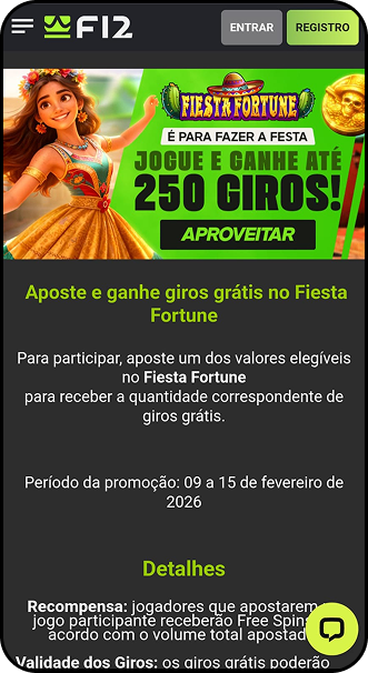 Promoção de giros grátis F12bet no jogo Fiesta Fortune com até 250 rodadas gratuitas