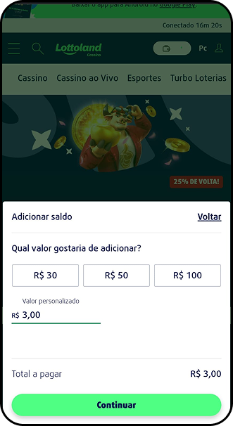 Opções de depósito na Lottoland com valores de R$30, R$50 e R$100 e campo para valor personalizado, com promoção de até 150 rodadas grátis no Sugar Monster