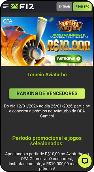 Torneio Aviaturbo F12bet com prêmios de R$10.000 no ranking de vencedores da OPA Games