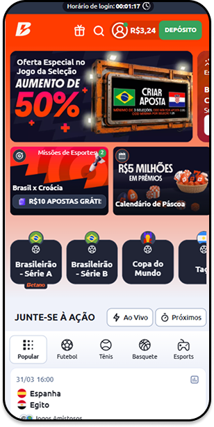 Interface do site de apostas Betano com destaque para jogos da seleção, odds ao vivo e opção de saque rápido via Pix.
