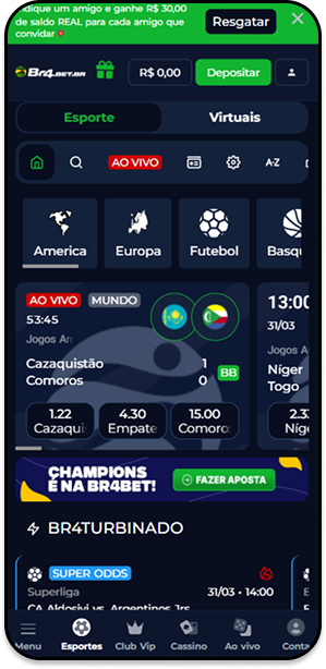 Página principal da Br4Bet com promoções de super odds e banner de destaque da Champions
