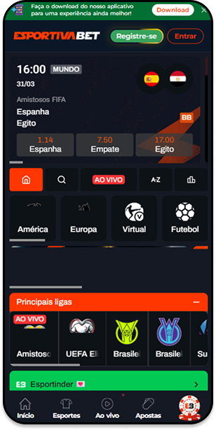Tela de apostas esportivas ao vivo da Esportiva Bet, com partidas de futebol, destacando odds em tempo real