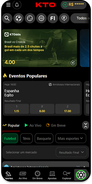 Plataforma da KTO exibindo eventos popules e banner de odds aumentadas para Amistoso do Brasil.