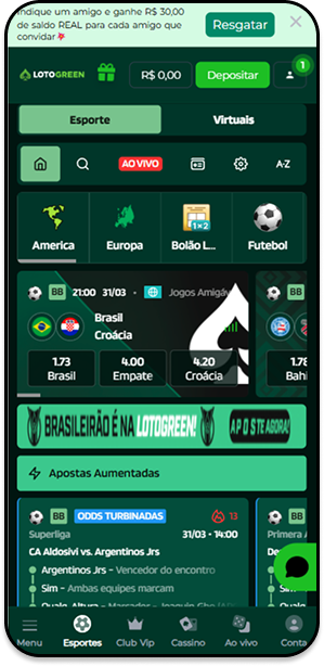 Página de esportes da Lotogreen com apostas ao vivo e destaque para o banner do Brasileirão