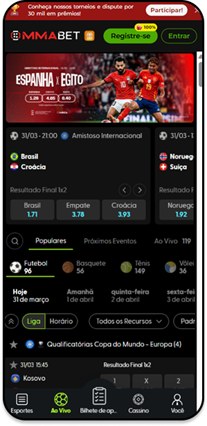 Página de esportes na MMAbet com odds para Brasil x Croácia e destaque para Espanha x Egito