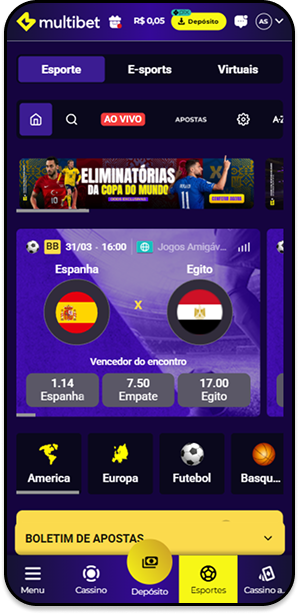 Página de apostas esportivas Multibet com destaque para Espanha x Egito 