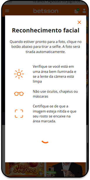 Tela de reconhecimento facial na Betsson para acessar o saque