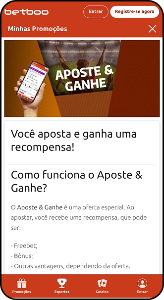 Promoção Aposte e Ganhe Betboo oferece recompensas como freebet, bônus e outras vantagens

