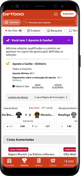 Cupom de apostas Betboo com promoção Aposte e Ganhe ativa mostrando partida Botafogo vs Novorizontino