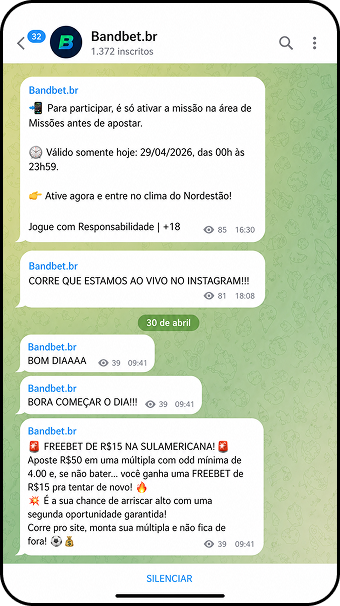 Telegram da Bandbet apresentando ofertas de freebet na Sulamericana