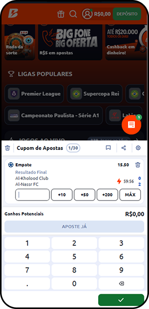 Cupom de apostas Betano com partida Akehitobol Club vs Al Nasr FC e opções de valores de aposta