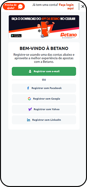 Página de registro Betano com opções de cadastro por email, Facebook, Google, Yahoo e LinkedIn