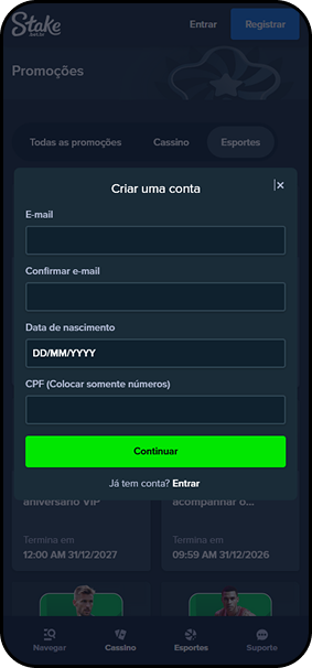 Área de cadastro da Stake com espaços para registrar o e-mail e a data de nascimento