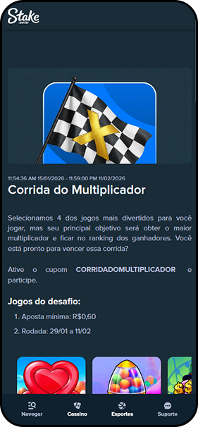 Corrida do Multiplicador Stake com prêmios de até 3 mil reais para os melhores do ranking