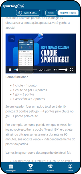 Mercado exclusivo Craque Sportingbet com pontuação por chutes, gols e assistências dos jogadores
