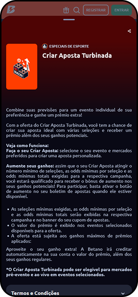 Criar Aposta Turbinada na Betano permite combinar previsões com odds aumentadas em mercados selecionados