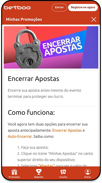 Recurso Encerrar Apostas Betboo permite proteger lucro antes do evento terminar