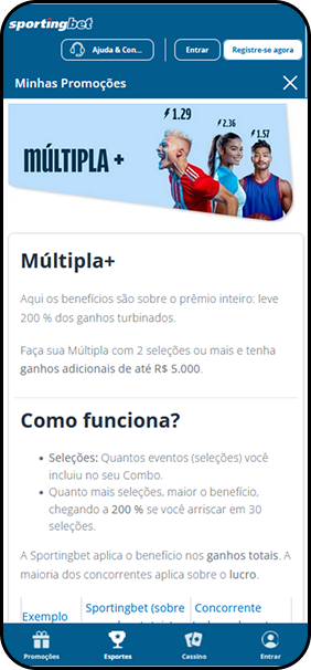 Múltipla Plus Sportingbet oferece até 200% de ganhos turbinados em apostas combinadas com 2 ou mais seleções