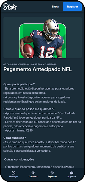 Pagamento Antecipado NFL na Stake com reembolso se time liderar por 17 pontos em qualquer momento
