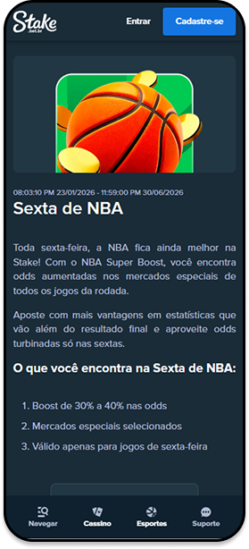 Sexta de NBA na Stake oferece boost de 30% a 40% nas odds em mercados especiais selecionados