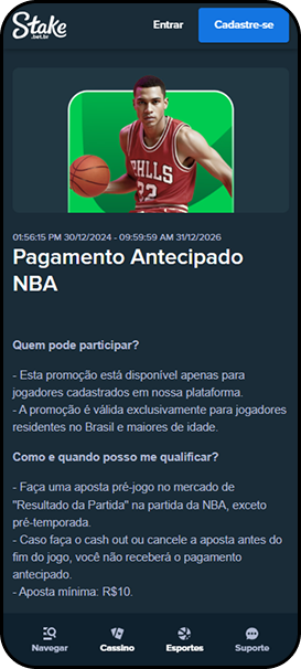 Promoção Pagamento Antecipado NBA Stake com aposta mínima de R$10 em partidas selecionadas