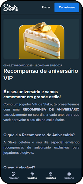 Recompensa de aniversário para usuários cadastrados na Stake