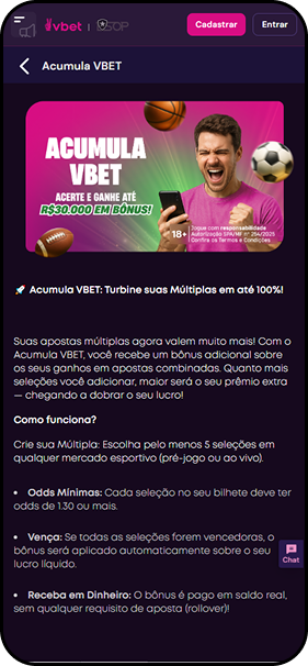 Oferta Acumula VBET com bônus adicional de até 30 mil reais sobre os ganhos de apostas esportivas múltiplas