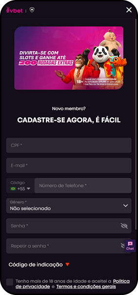 Formulário de cadastro da VBET solicitando CPF, e-mail, telefone e senha para novo membro
