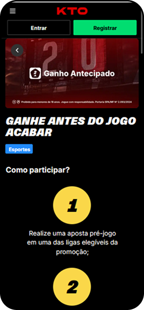 Promoção Ganho Antecipado da KTO com explicação de como ganhar antes do jogo acabar em apostas esportivas elegíveis