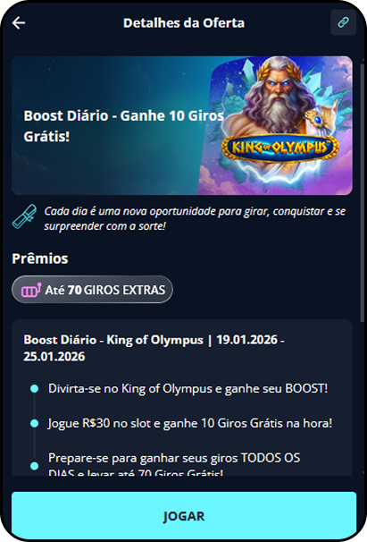 Promoção Boost Diário Novibet no jogo King of Olympus com 10 rodadas grátis diárias