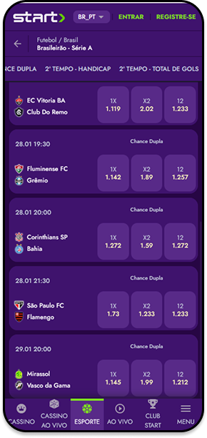 Odds da Start.bet para jogos do Brasileirão Série A com mercados de chance dupla para confrontos entre clubes como Fluminense, Grêmio, Corinthians e São Paulo.