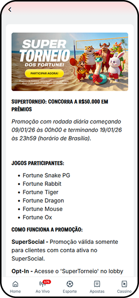 SuperTorneio Superbet com prêmios de R$50.000 em jogos Fortune Snake, Rabbit, Tiger, Dragon e Mouse