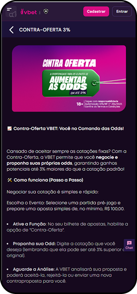 Contra-Oferta da VBET que permite ao usuário negociar e propor odds até 3% superiores às cotações padrão