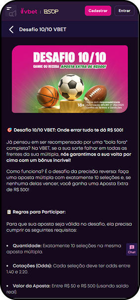 Promoção Desafio 10/10 da VBET que concede aposta extra de 500 reais caso o usuário erre todas as seleções da múltipla