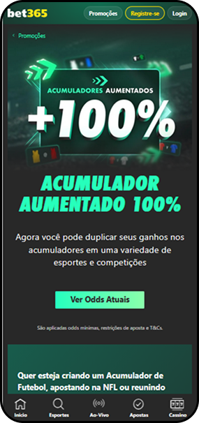 Oferta de acumulador aumentado de 100% na bet365 para apostas em futebol.