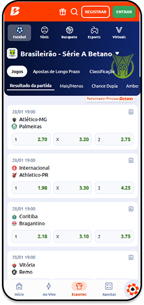 Odds da Betano para jogos do Brasileirão Série A com mercados de resultado da partida para Atlético MG, Palmeiras, Internacional e Athletico PR